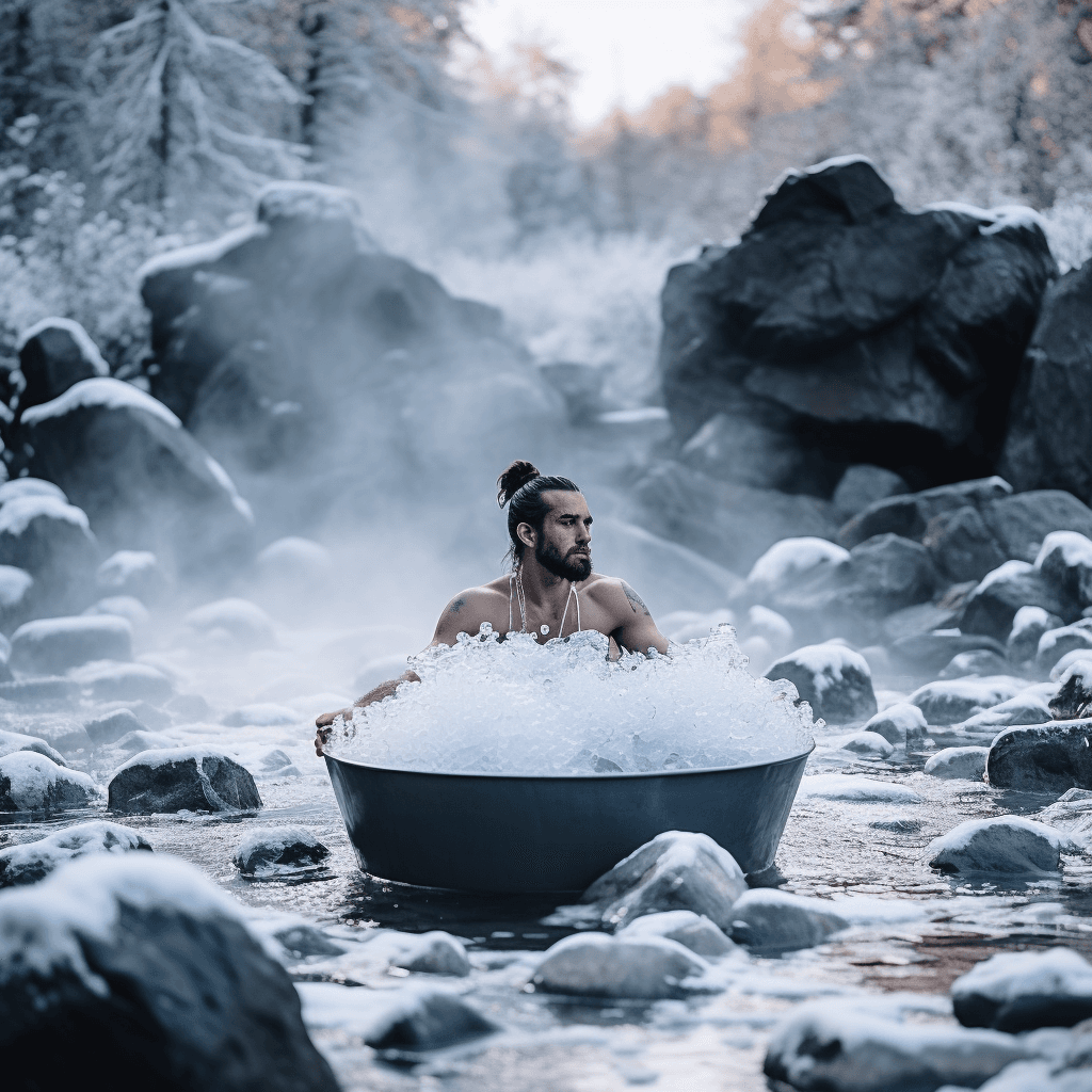Hombre tomando un baño de hielo en la naturaleza